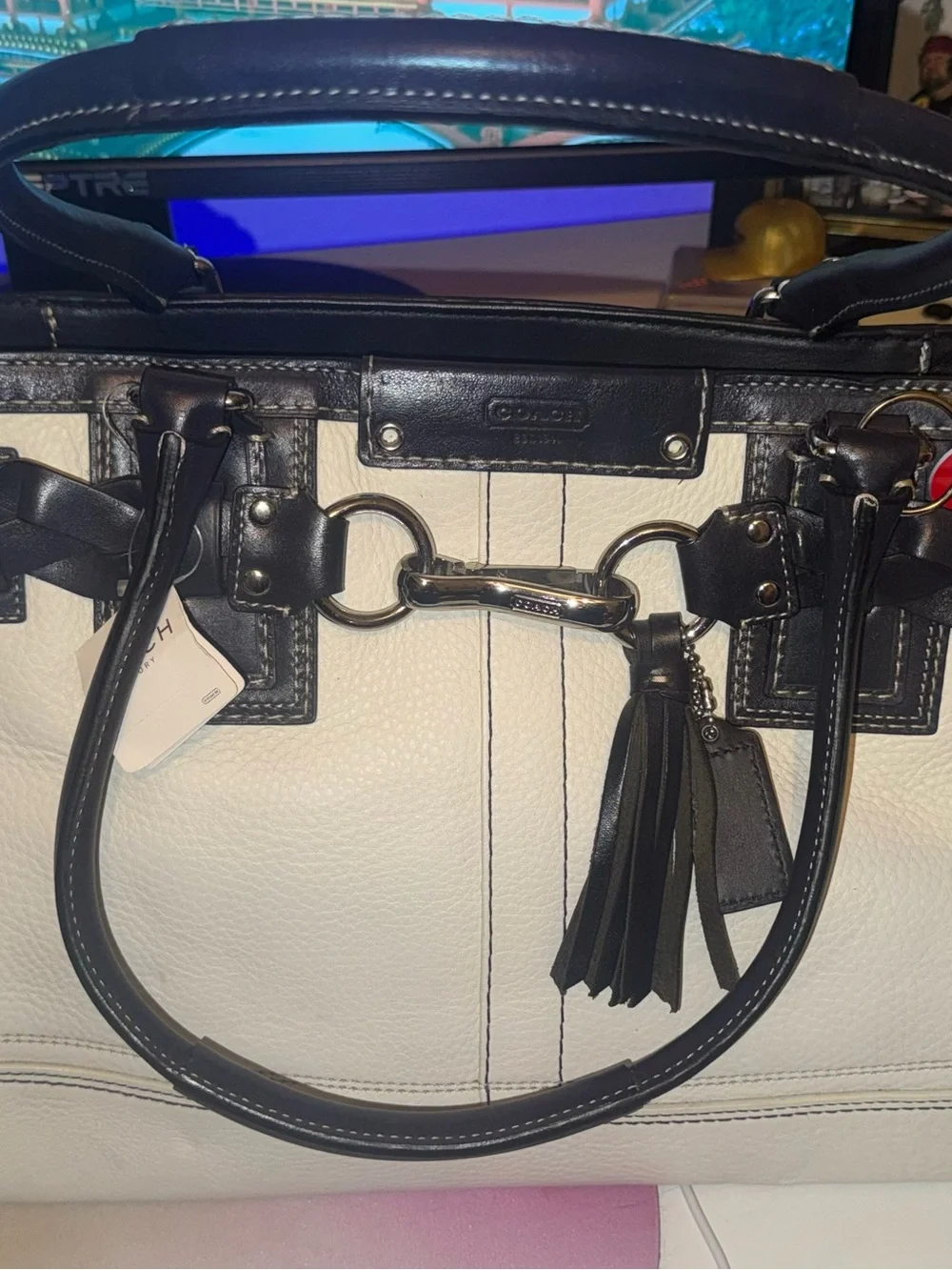 Coach Two-Tone White and Black Leather Satchel with Tassel New Never used